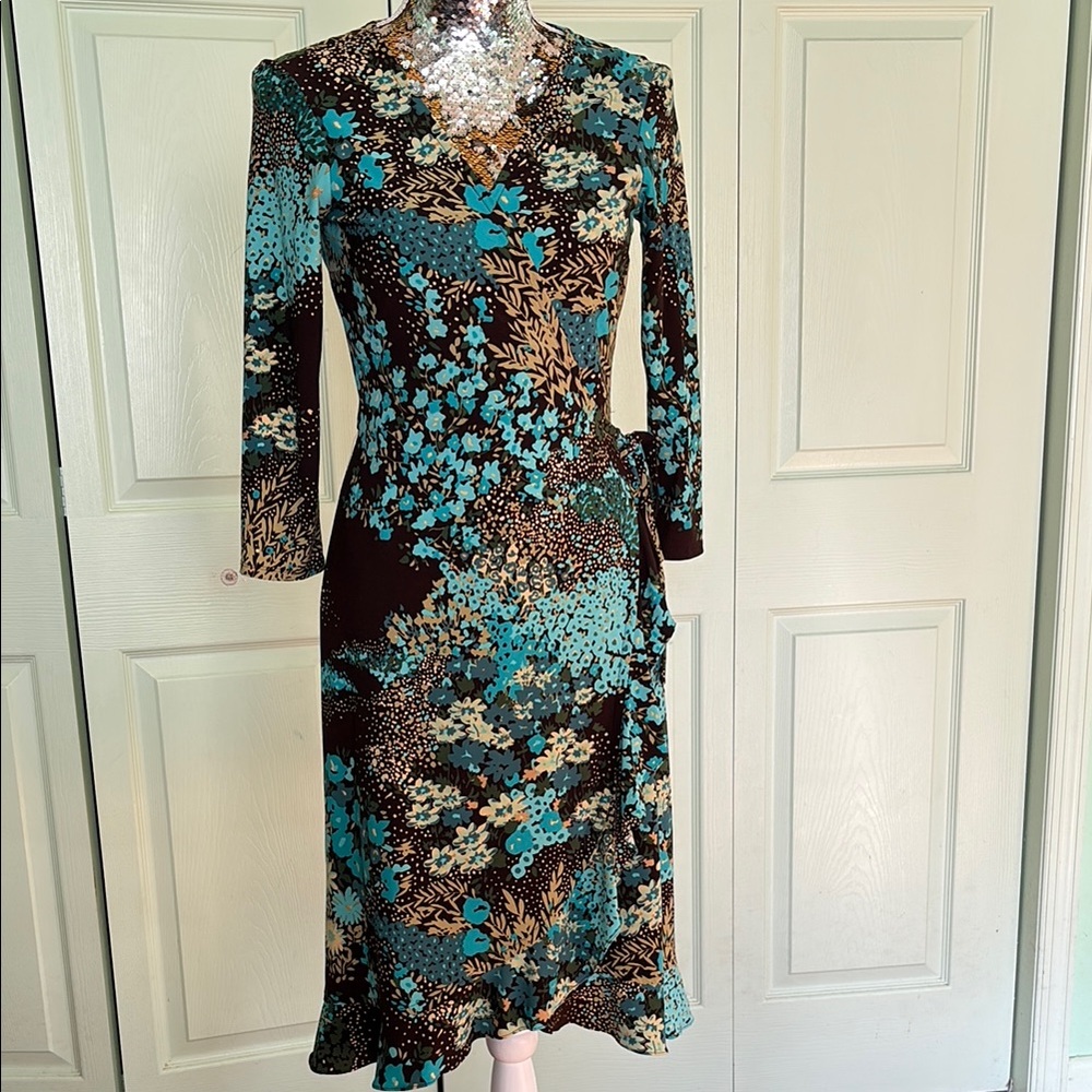 Nine West Blue and Brown Sheath Dress Long Sleeve V-Neck